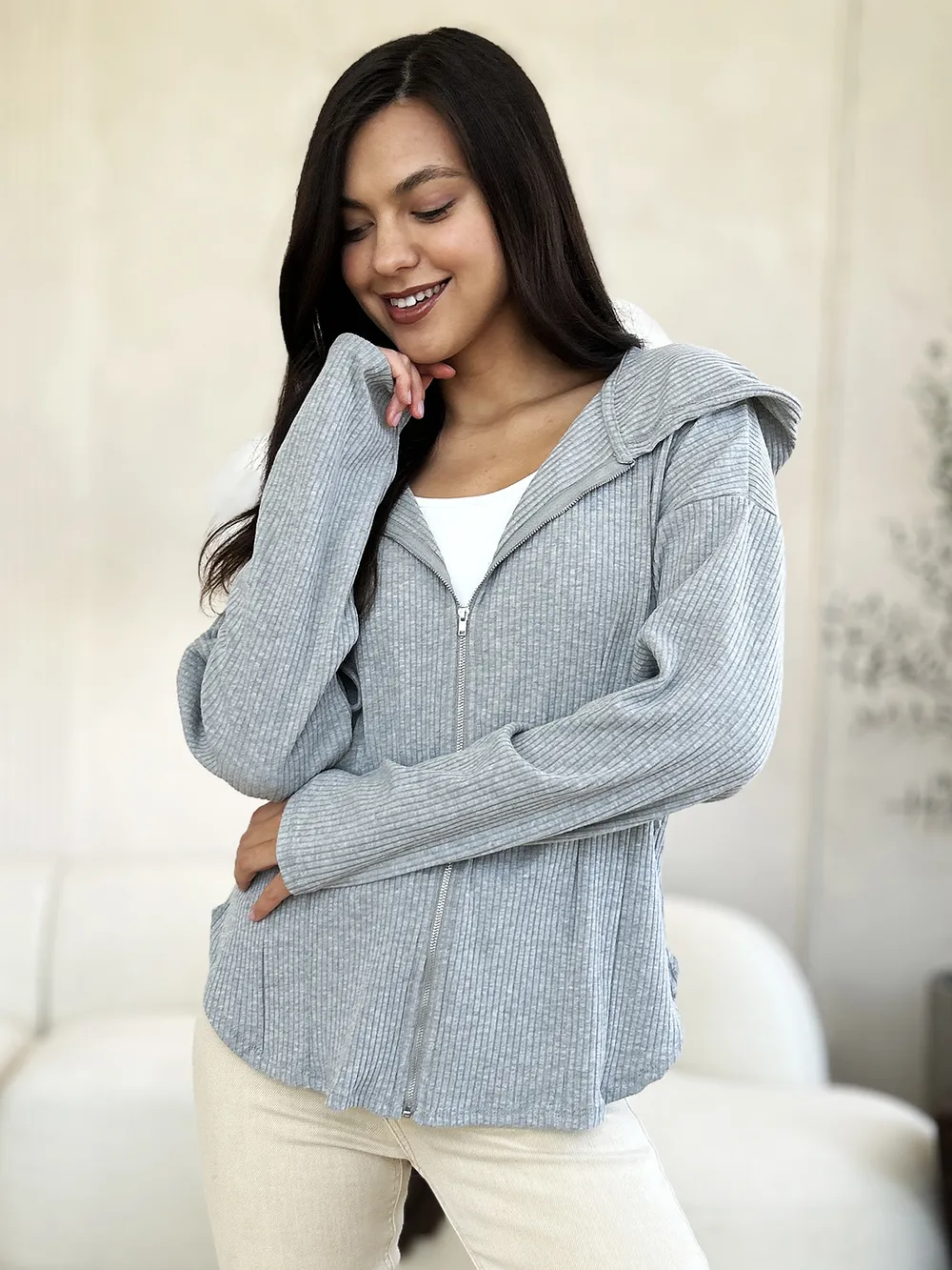 Full Size Ribbed Zip Up Drawstring Hooded Jacket