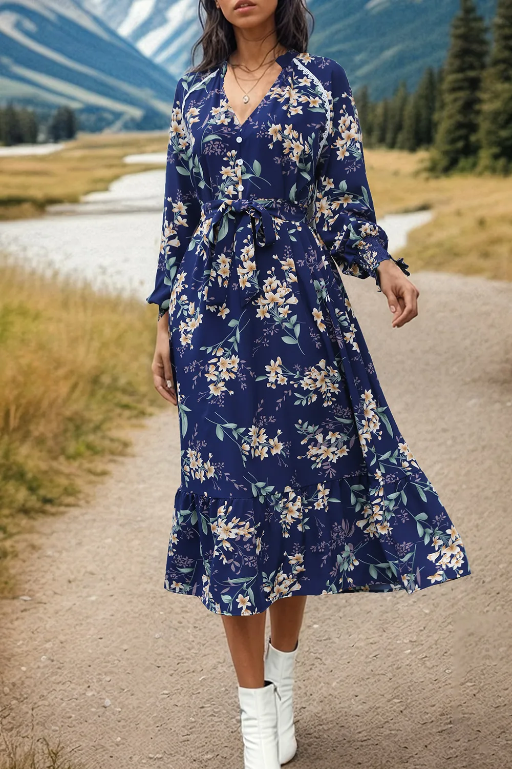 Printed Notched Lantern Sleeve Midi Dress, image 4