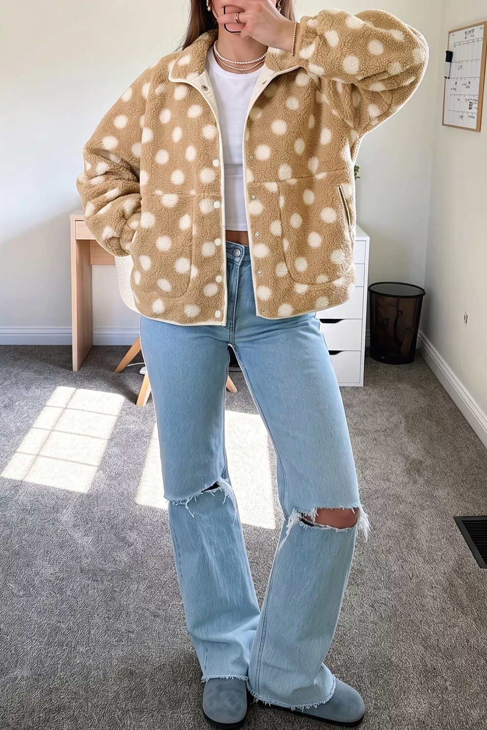 Polka Dot Faux Fur Metal Button Placket Shift Silhouette Jacket, image 4