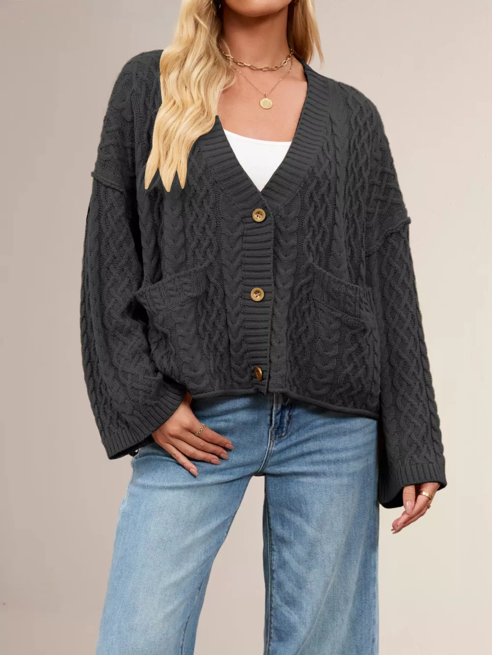 Cable Knit Button-Down Cardigan, image 2