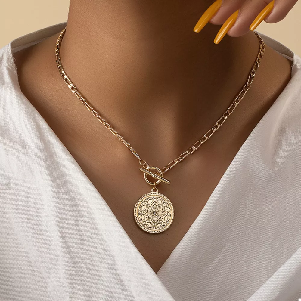 Chain Link Necklace with Vintage Coin Pendant