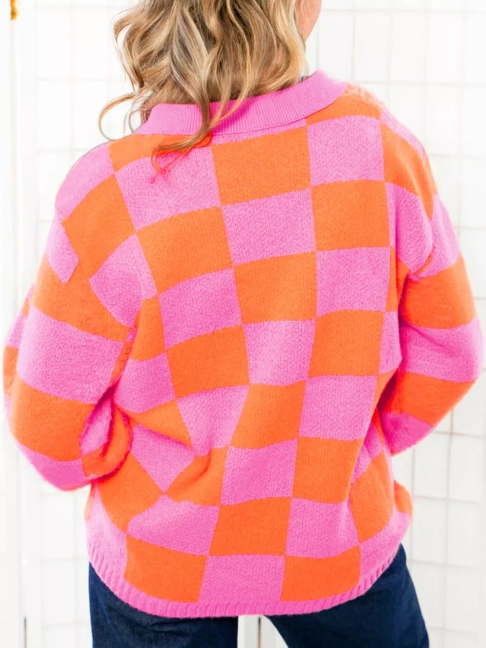 Checkerboard Pattern Half Button Sweater, image 3