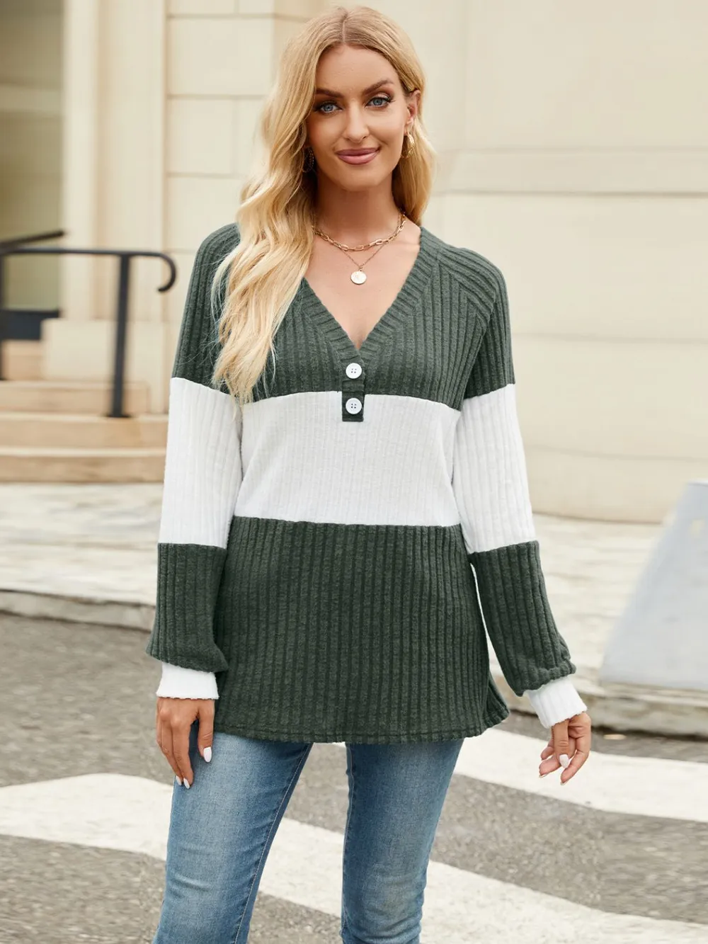 Color Block V-Neck Long Sleeve T-Shirt, image 21