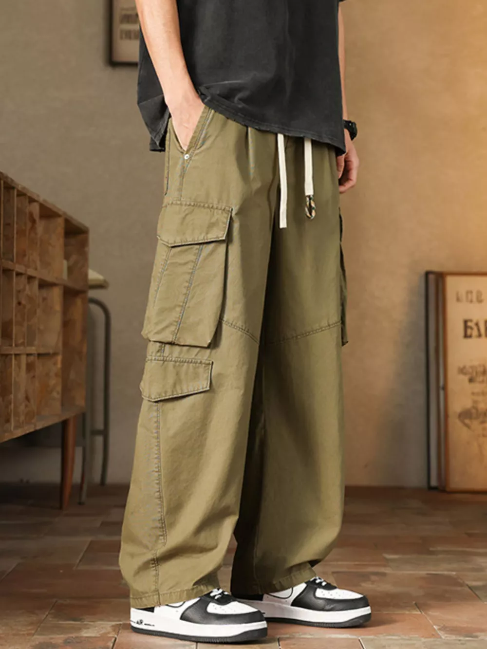 Men's Plus Size Loose Fit Cargo Pants with Drawstring, image 11