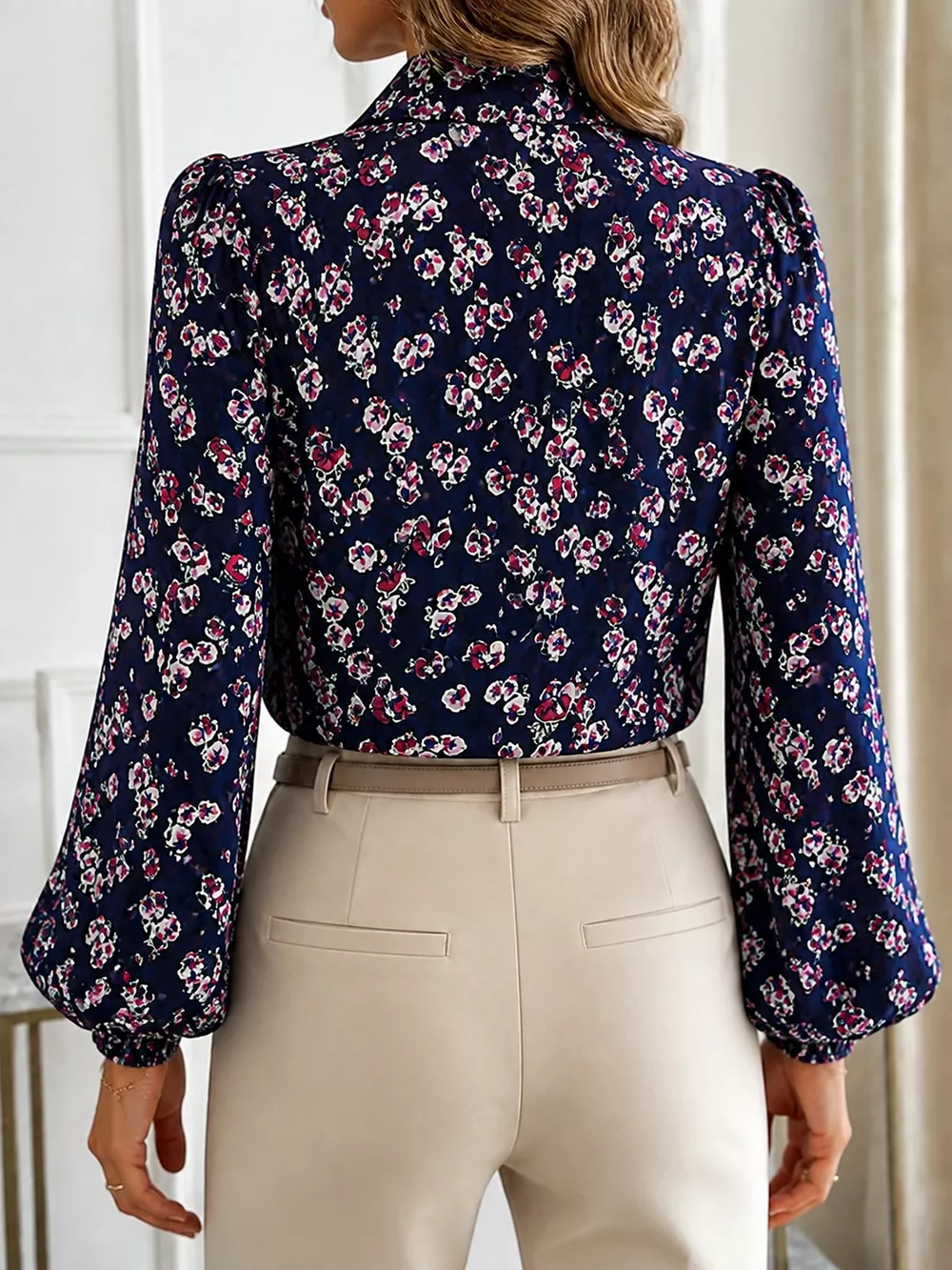 Printed Bow-Tie Neck Long Sleeve Blouse, image 12