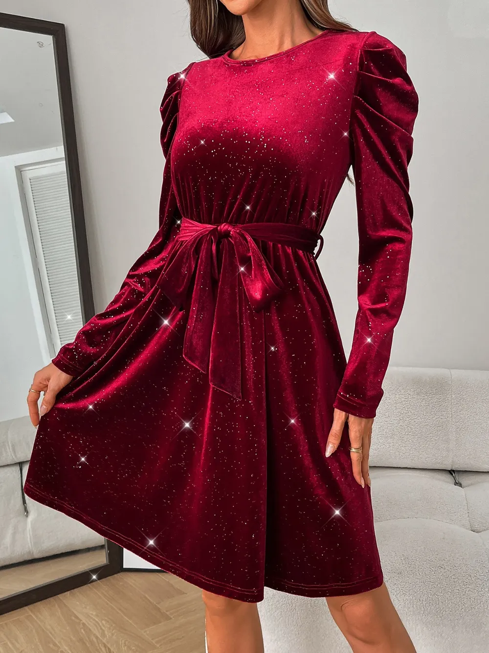 Glitter Round Neck Puff Sleeve Dress, image 9