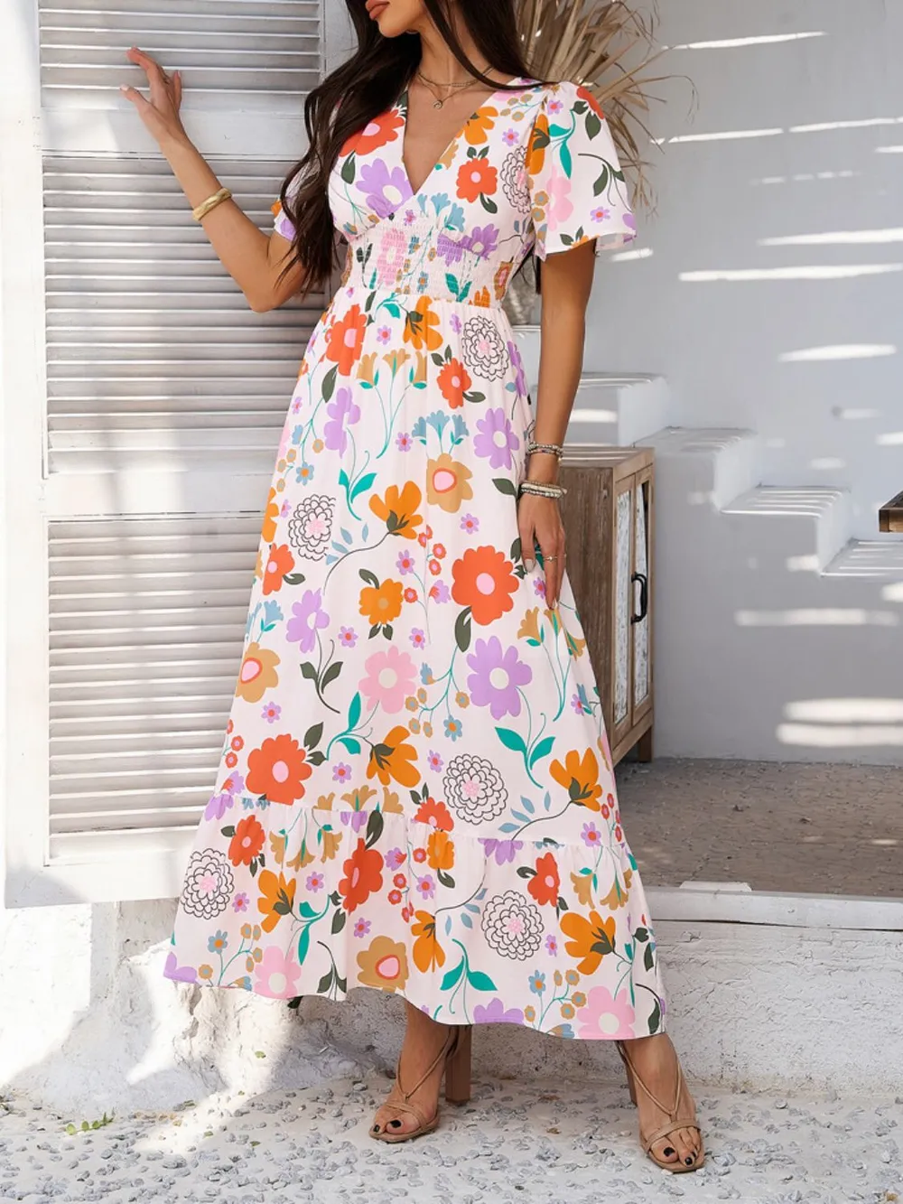 Smocked Printed V-Neck Short Sleeve Maxi Dress, image 17