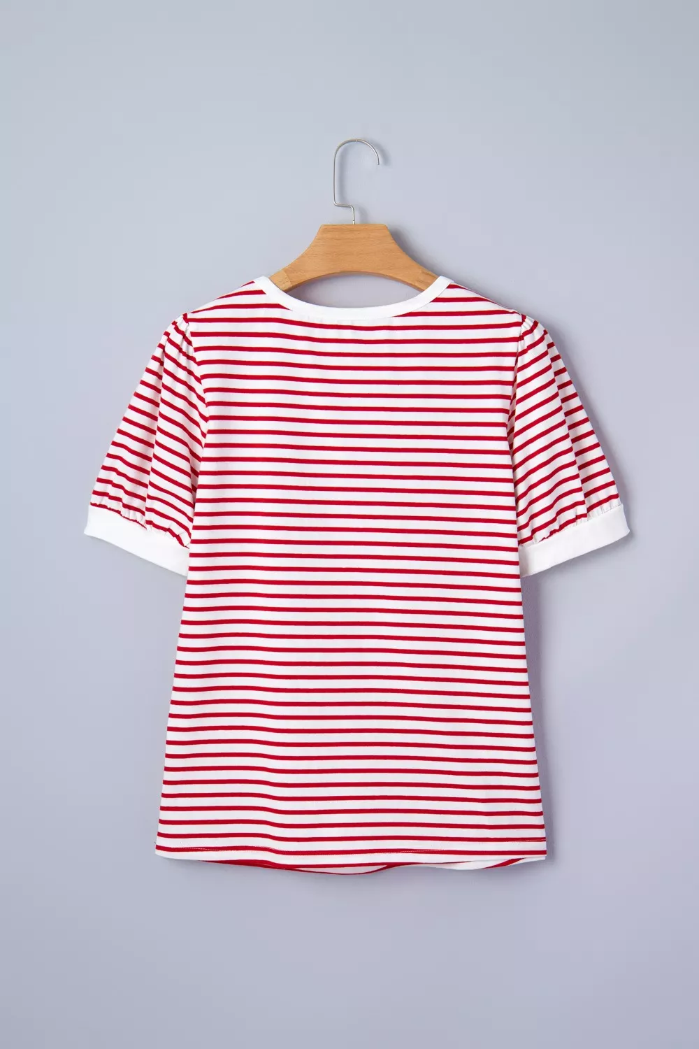 Stripe Contrast Trim Round Neck Short Puff Sleeve T Shirt, image 7