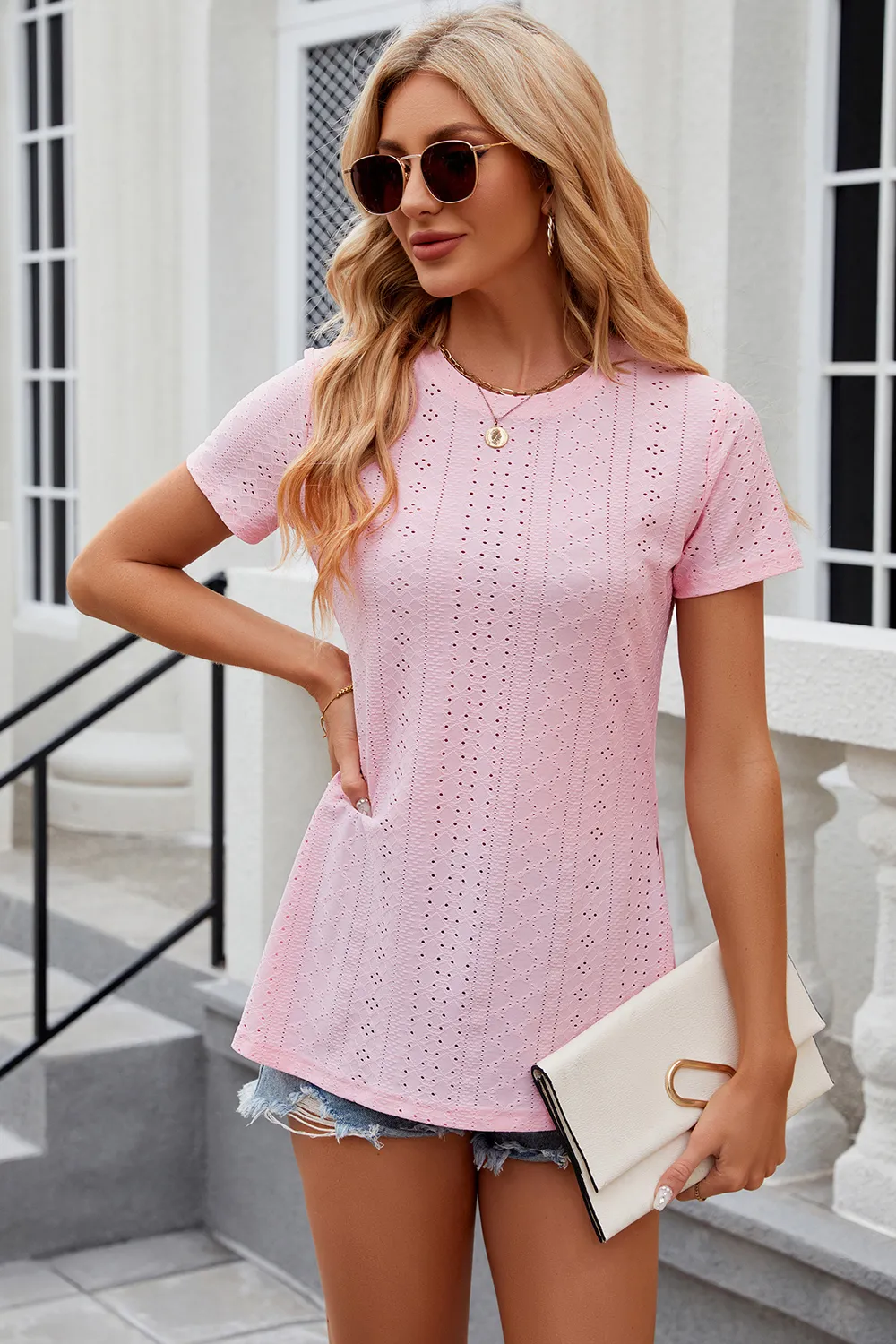Eyelet Slit Round Neck Short Sleeve T-Shirt, image 14