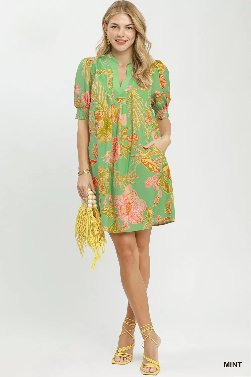 Botanical Print Dress with Smocked Cuffs, image 3
