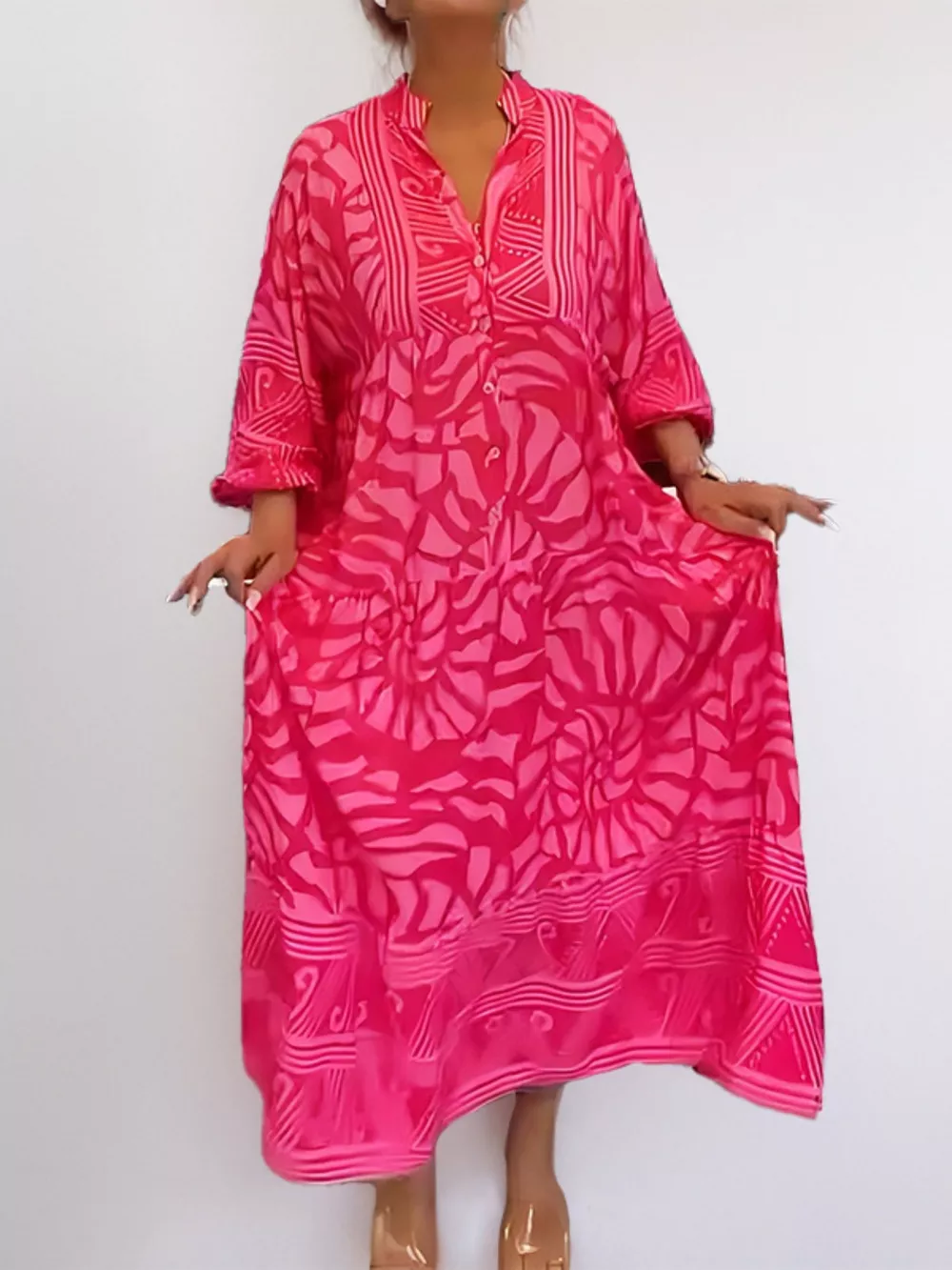 Printed Button Front Midi Dress, image 2