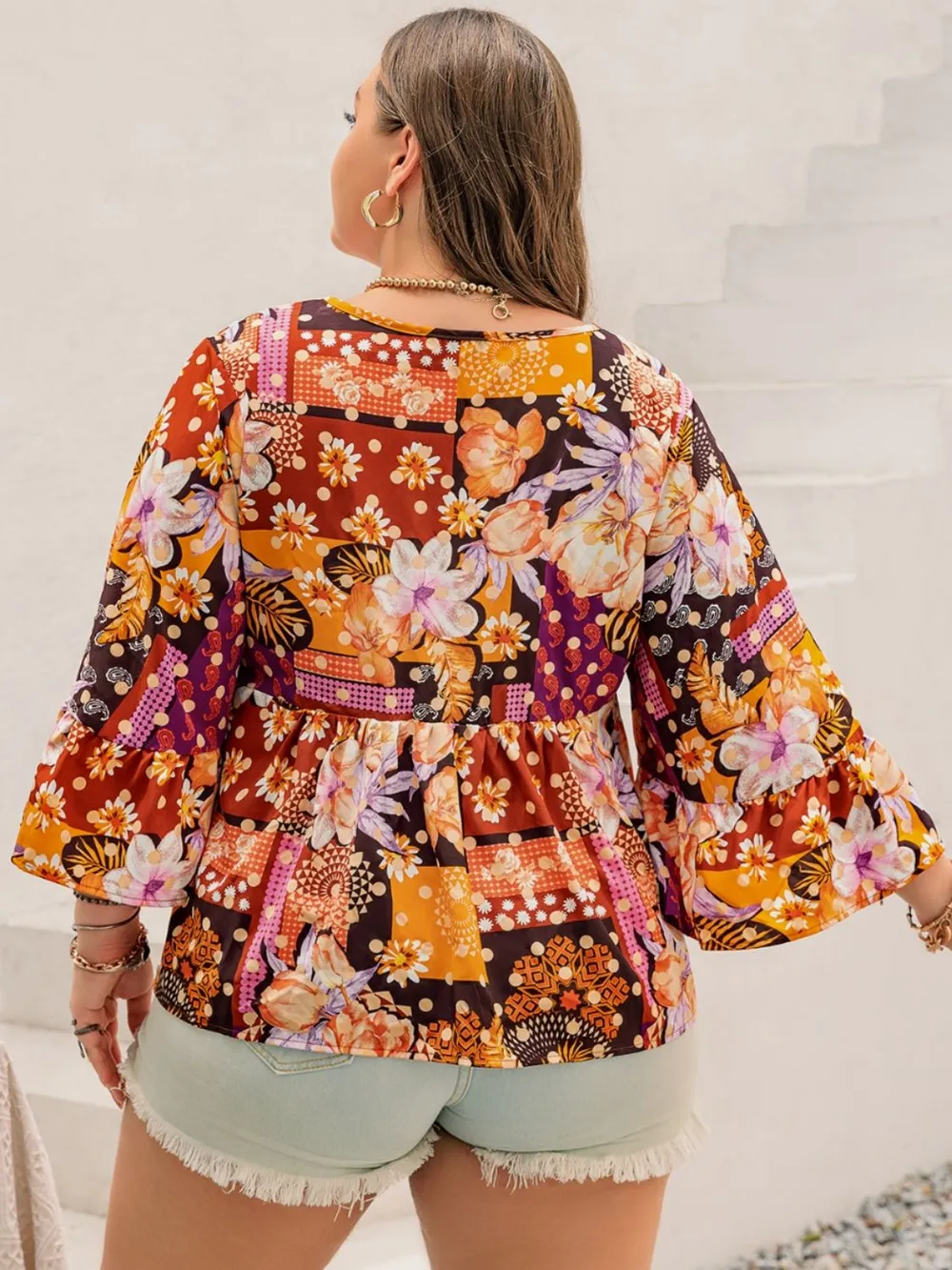 Plus Size Printed Tie Neck Blouse, image 4
