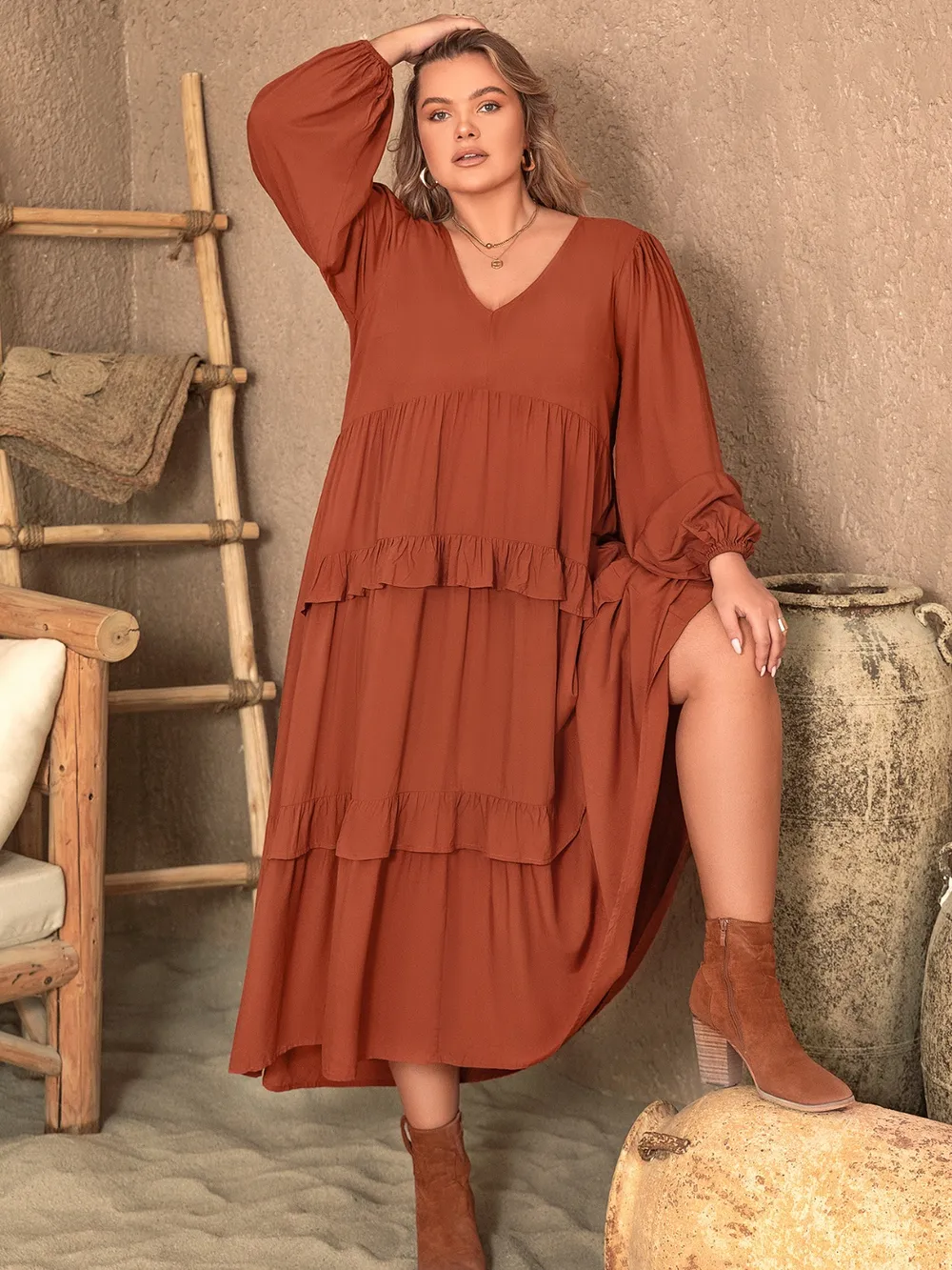 Plus Size Ruffled V-Neck Balloon Sleeve Dress, image 3