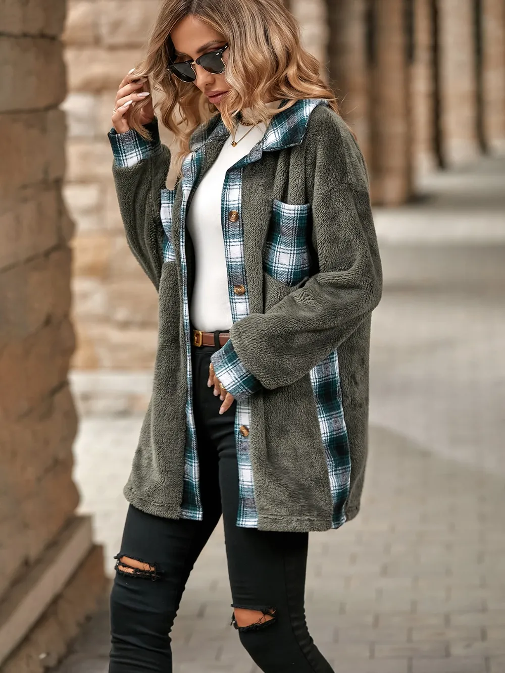 Plaid Contrast Dropped Shoulder Coat, image 12