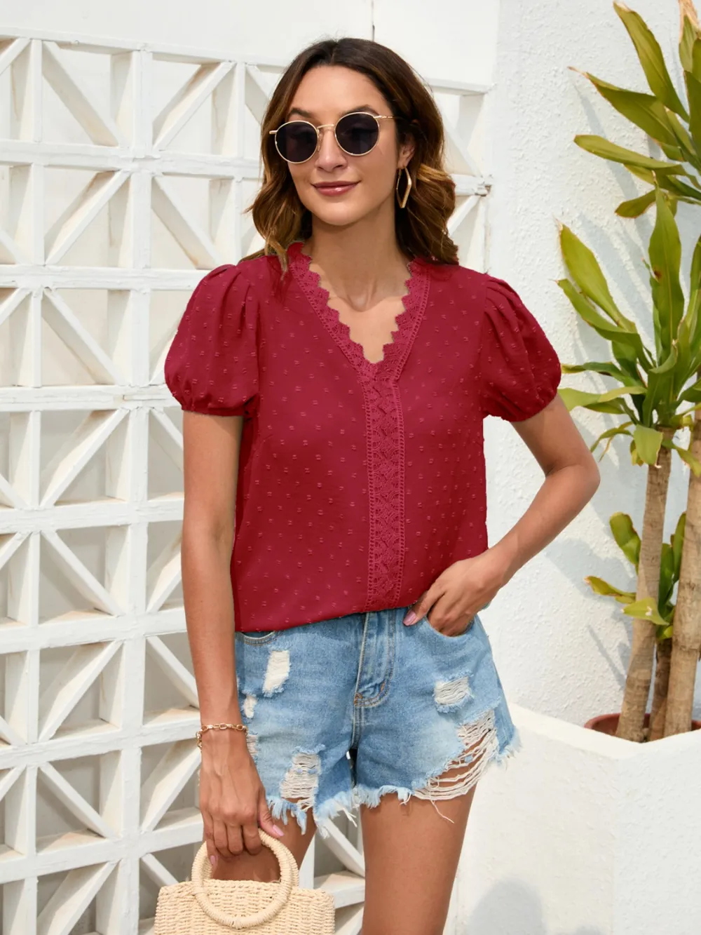 Swiss Dot Lace Detail V-Neck Blouse, image 5