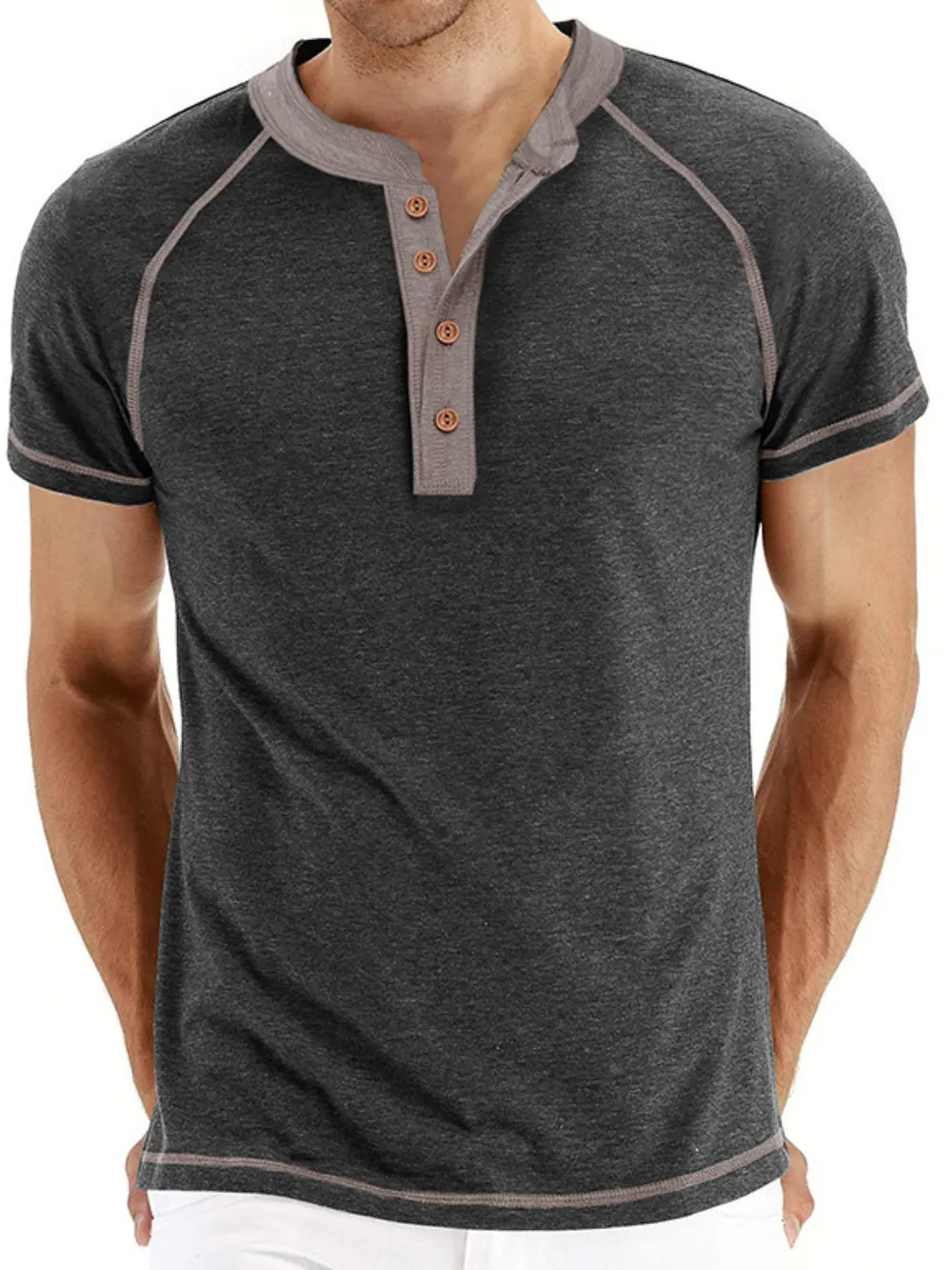 Men's Casual Henley Polo T-Shirt with Contrast Stitching, image 8