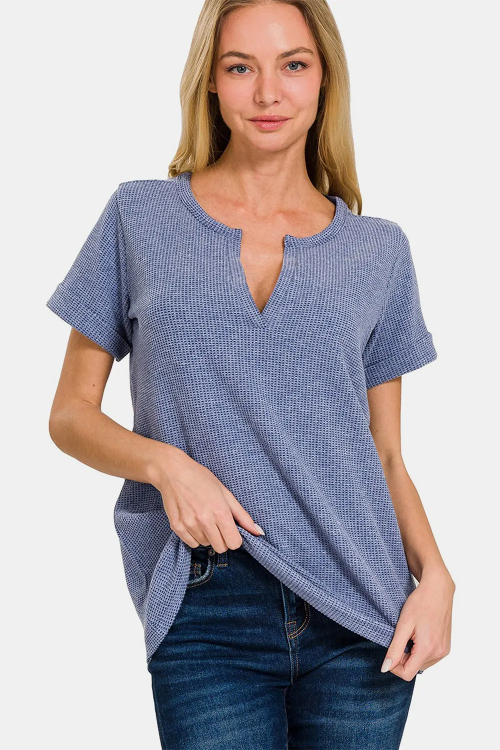 Notched Short Sleeve Waffle T-Shirt, image 3