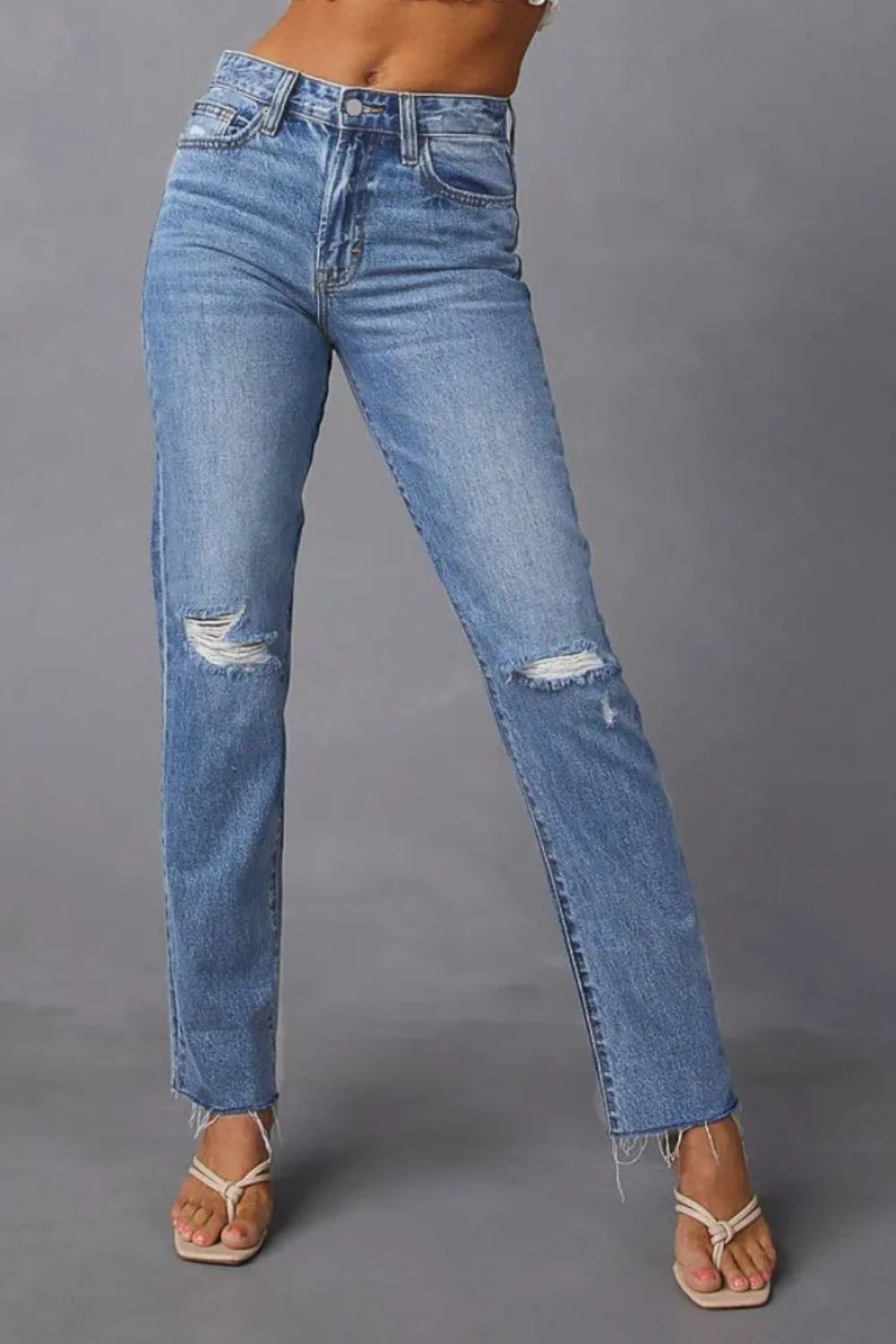 Distressed Raw Hem Straight Jeans with Pockets, image 3