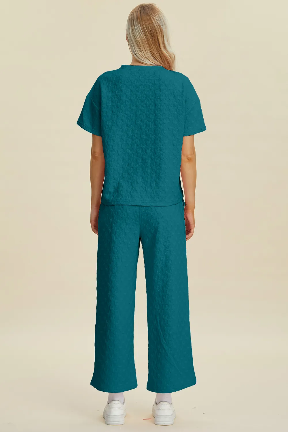 Full Size Texture Round Neck Short Sleeve Top and Pants Set, image 11