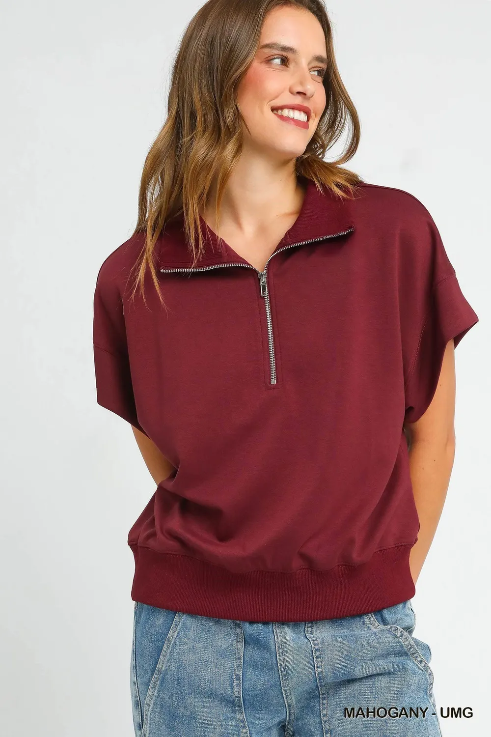 Full Size Half-Zip Short Sleeve Top Plus Size