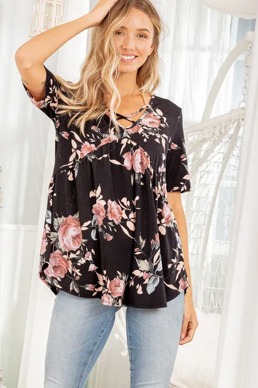 Full Size Crisscross Neck Floral Babydoll Top Plus Size
