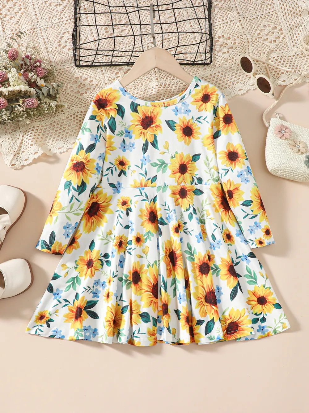 Kids Sunflower Print Round Neck Long Sleeve Dress, image 3