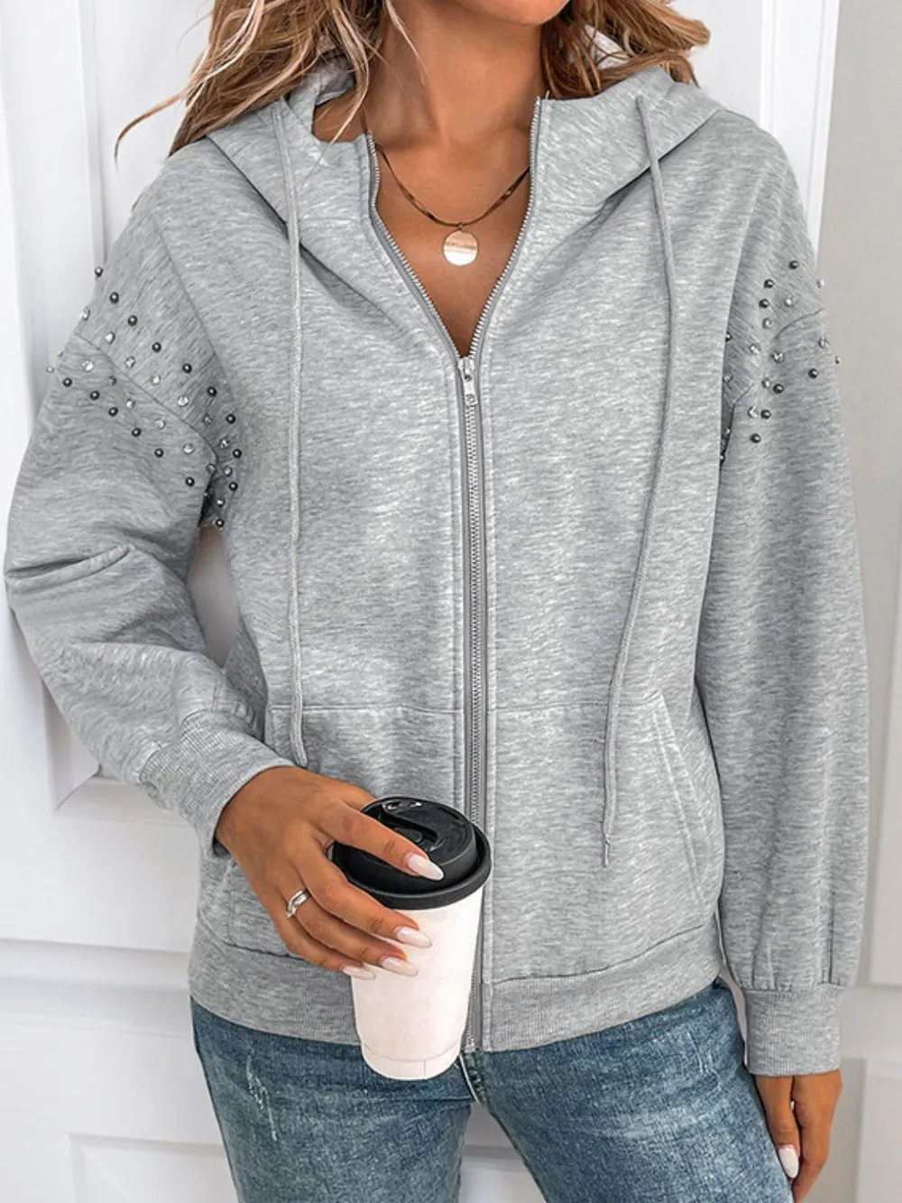 Rhinestone Zip Up Long Sleeve Hoodie, image 6