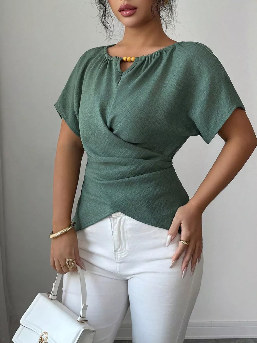 Beaded Neckline Short Sleeve Blouse, image 6