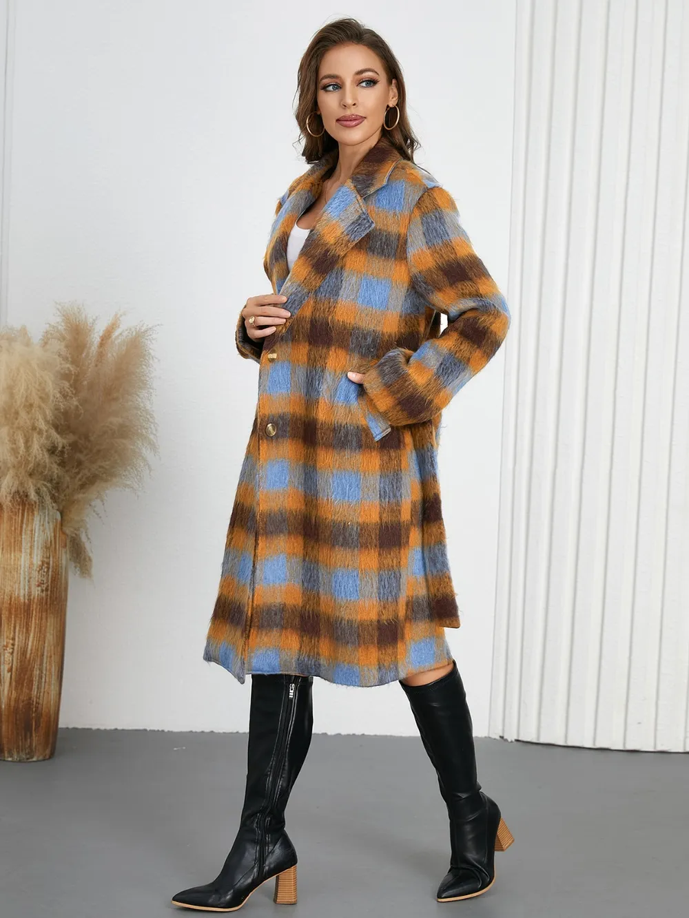 Tied Plaid Collared Neck Coat, image 2