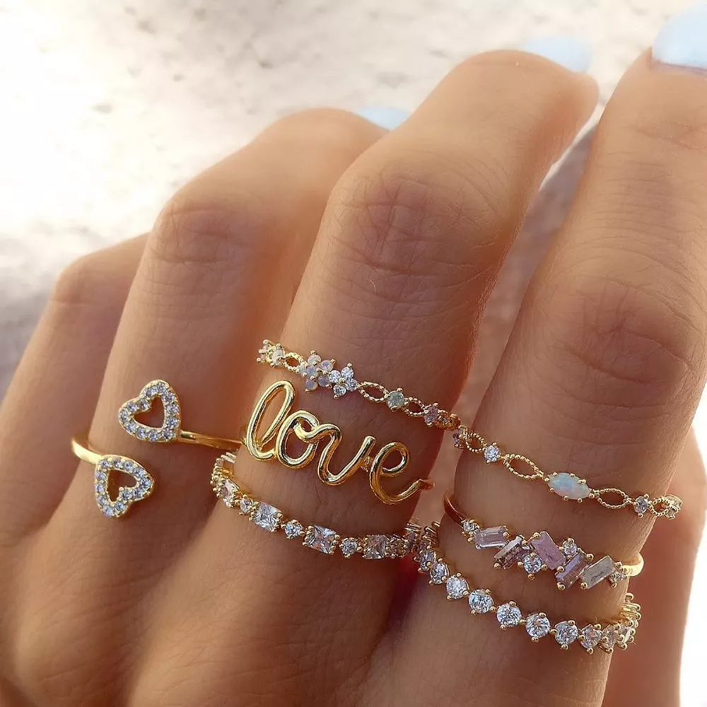 7 Piece 18K Gold-Plated LOVE Zircon Ring Set, image 5