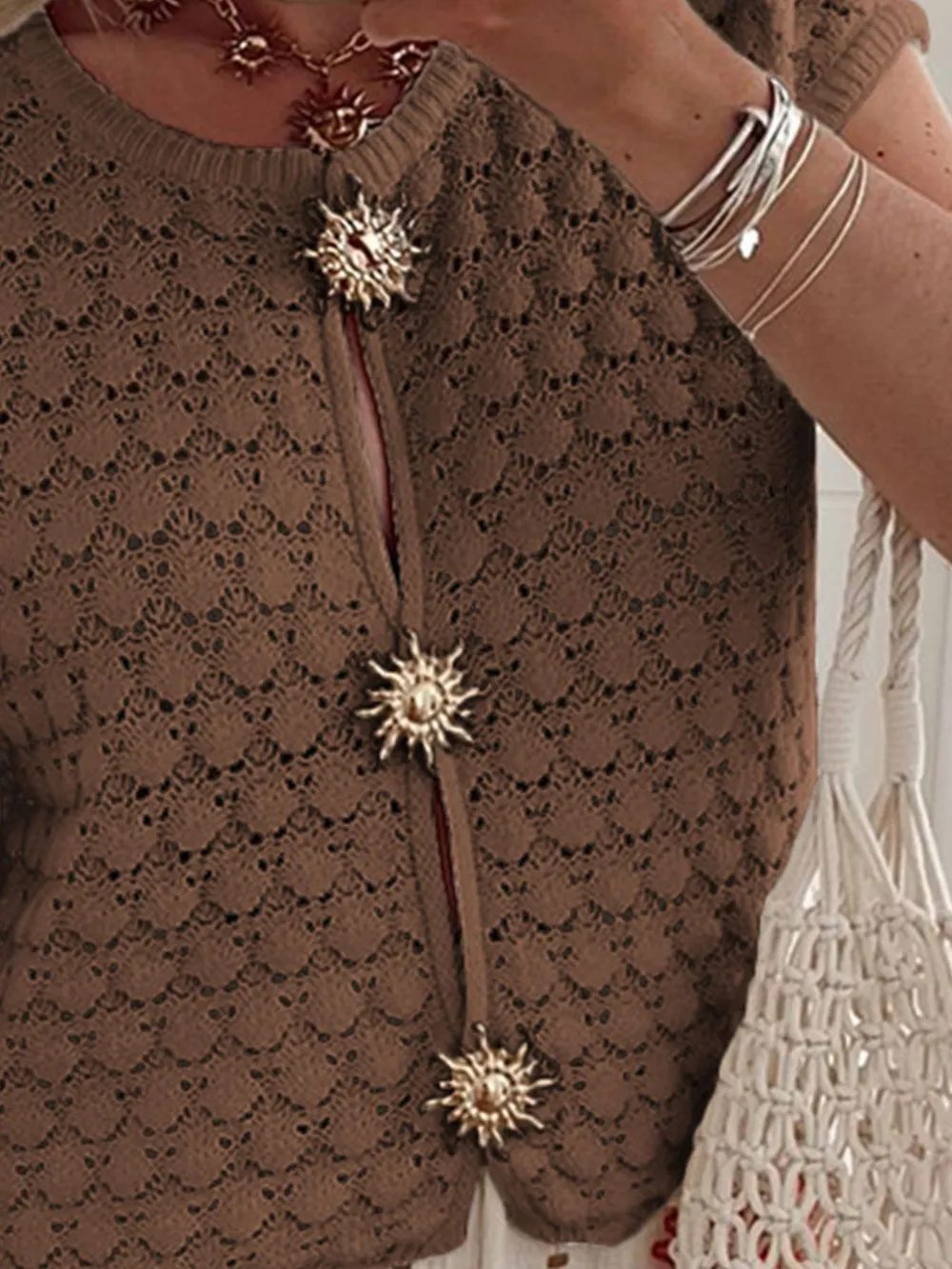 Crochet Short Sleeve Button Front Cardigan, image 10