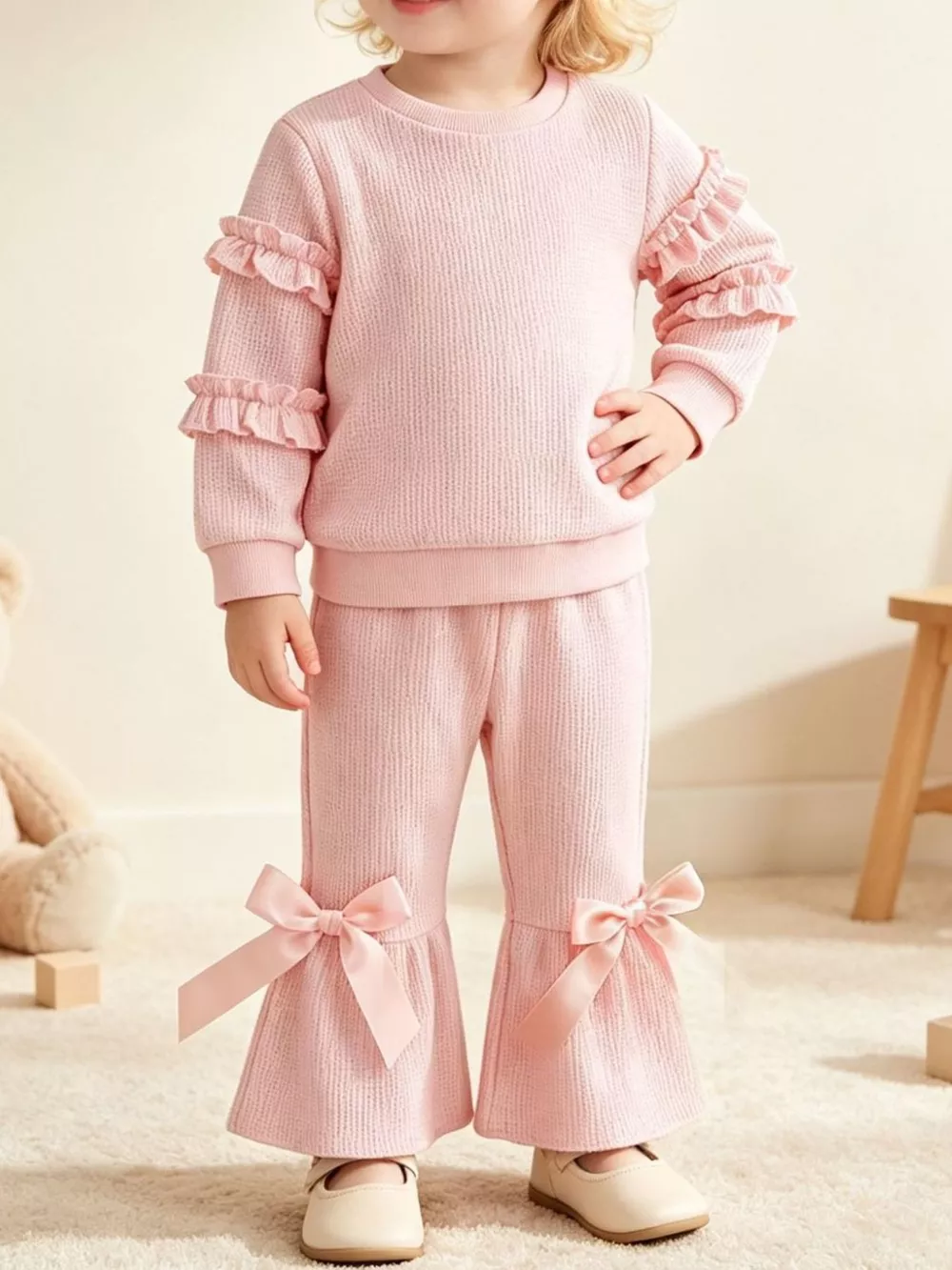 Children's Ruffle Sleeve Top and Bow Flare Pant Set, image 4