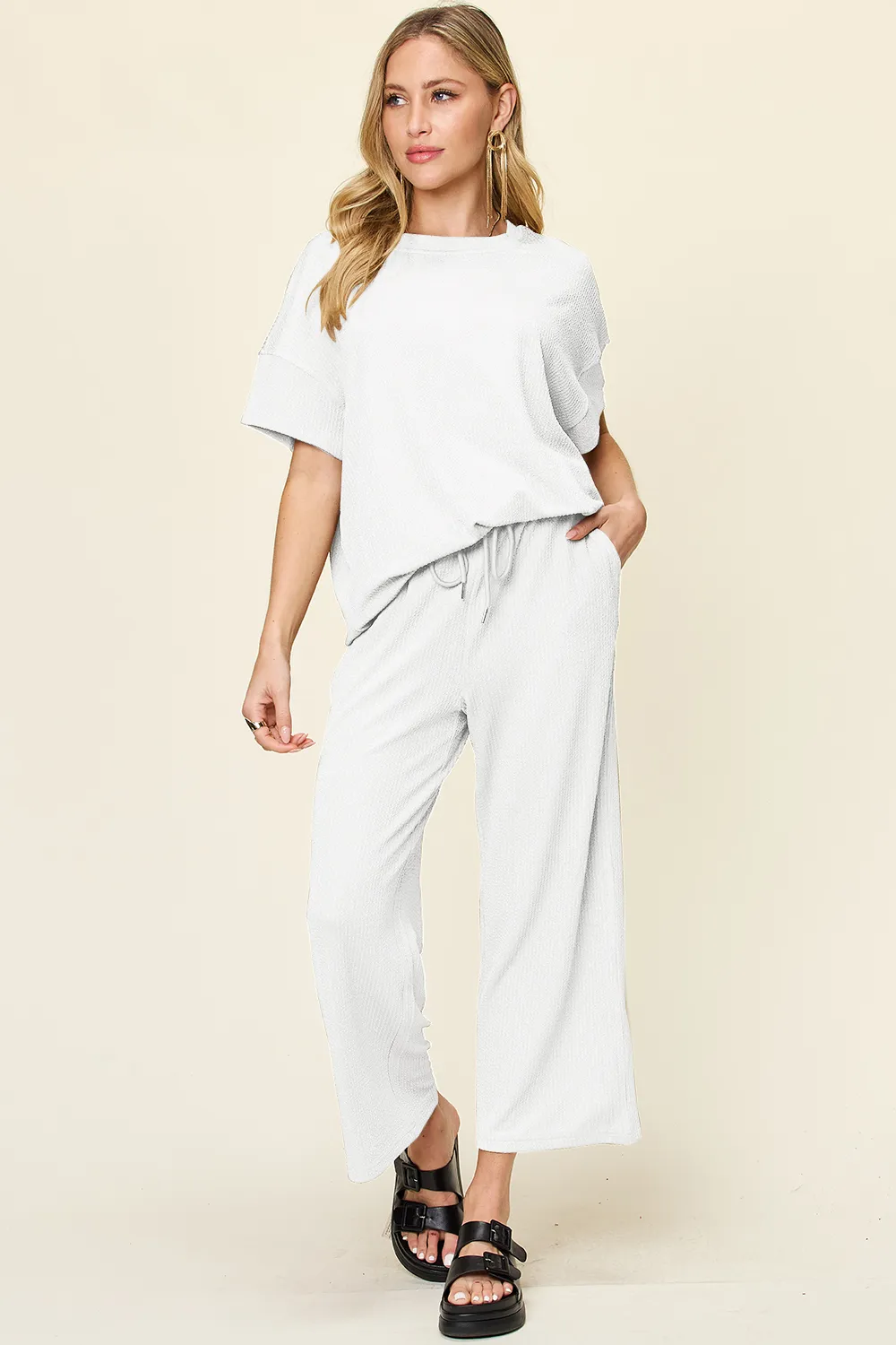 Full Size Texture Round Neck Short Sleeve T-Shirt and Wide Leg Pants, image 21