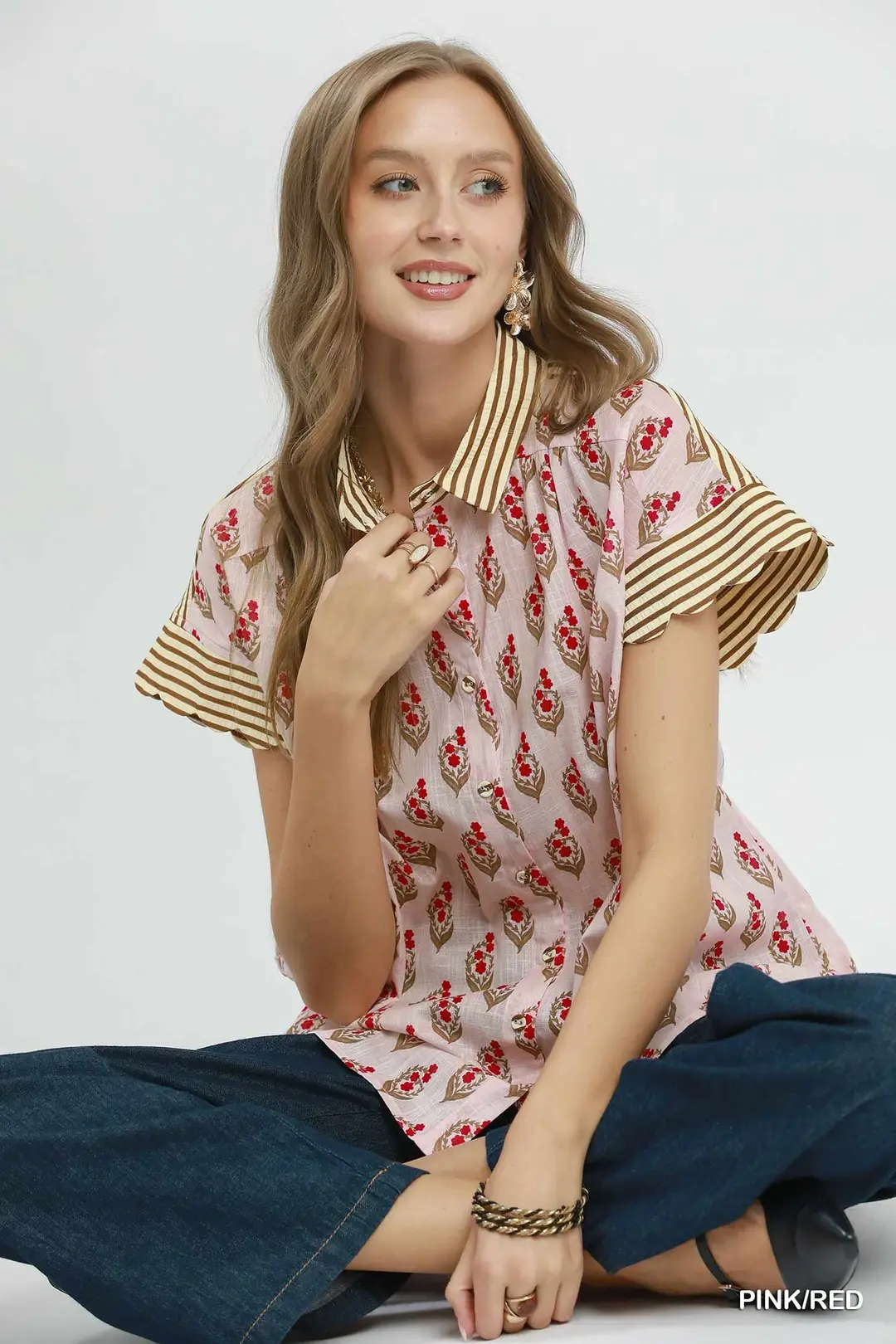 Block Print Button-Front Shirt with Contrast Stripe Point Collar, image 4