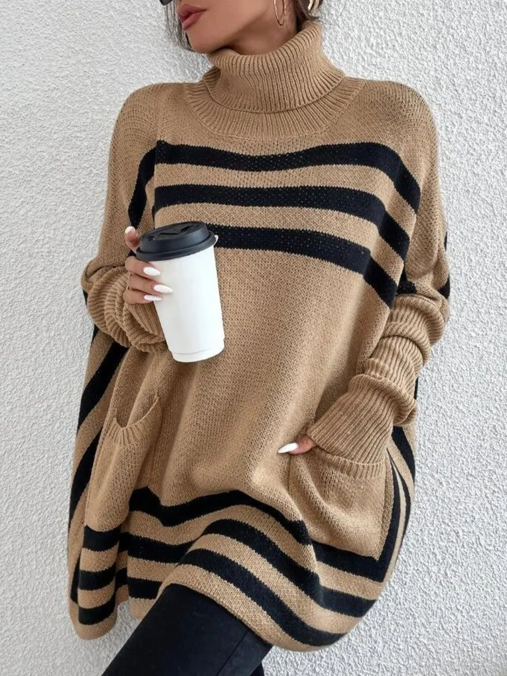 Striped Turtleneck Batwing Sleeve Sweater with Pockets, image 3