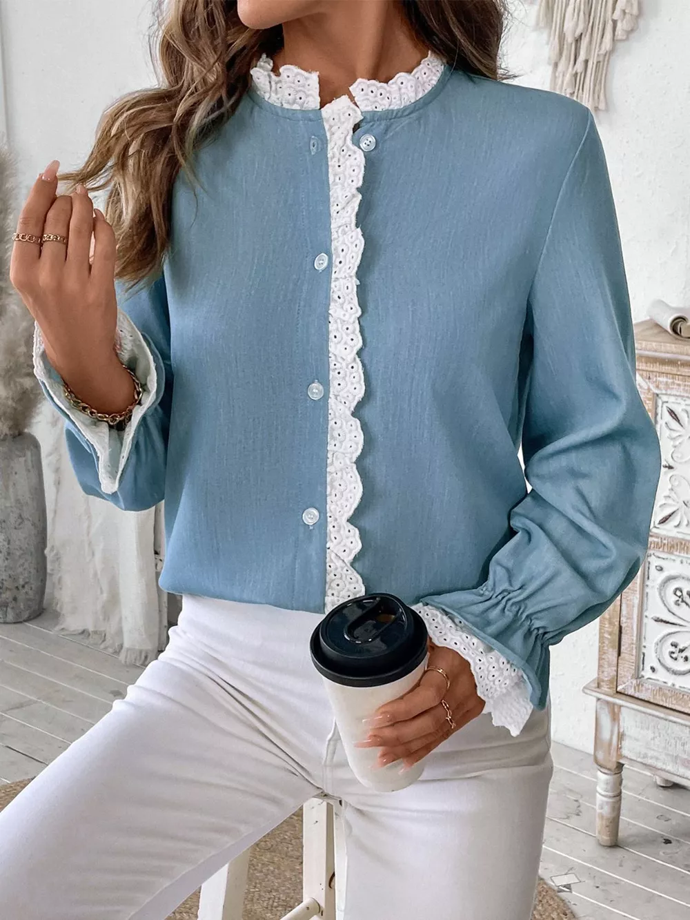 Lace Detail Button Down Long Sleeve Shirt, image 6
