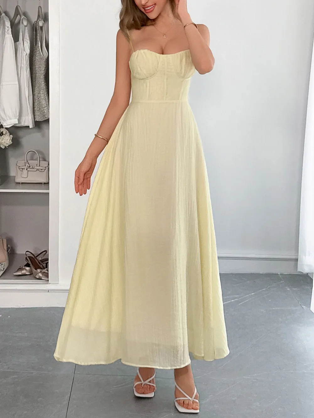Texture Sweetheart Neck Backless Cami Dress, image 5