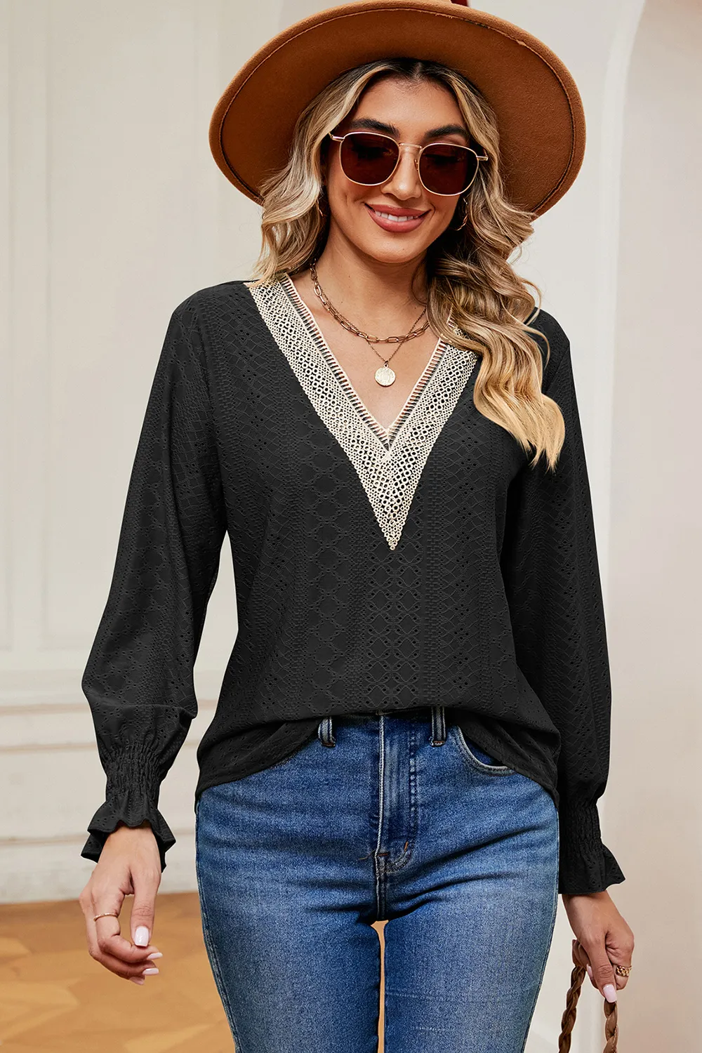 Eyelet V-Neck Flounce Sleeve T-Shirt, image 8
