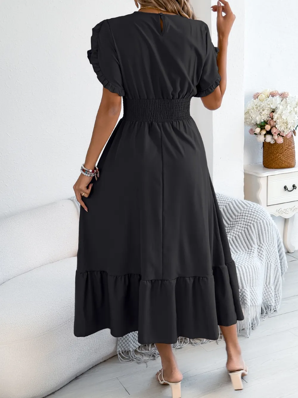 Smocked Frill Round Neck Midi Dress, image 12