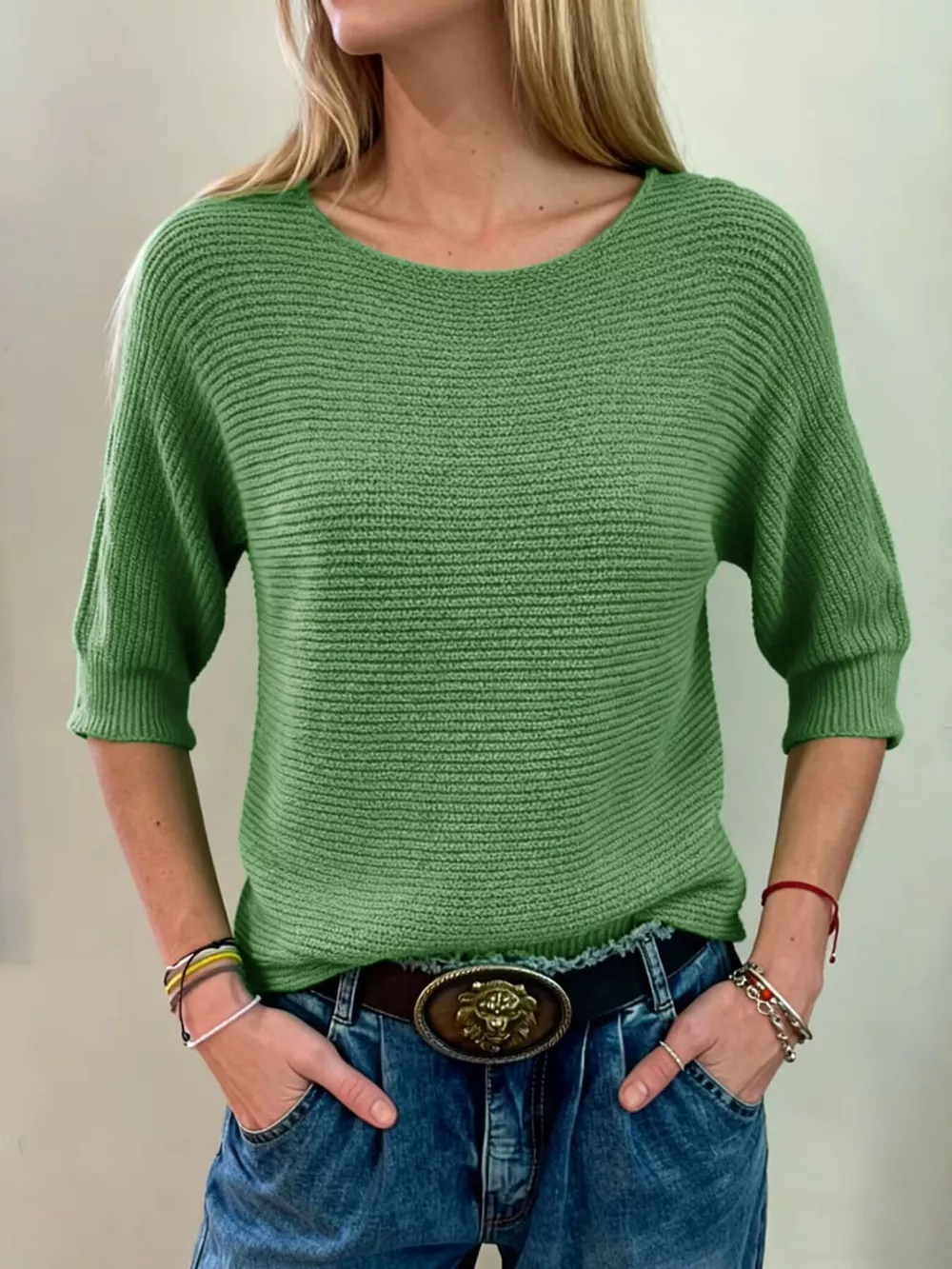 Full Size Ribbed Knit Round Neck Sweater Plus Size, image 17