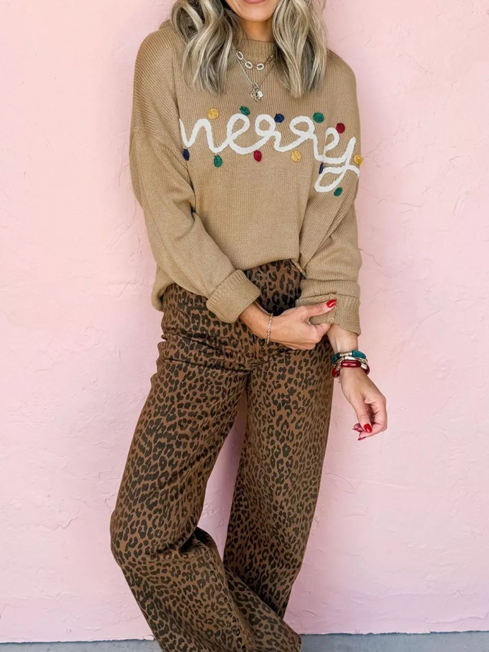 Merry Colorful Dot Detail Christmas Dolman Sweater