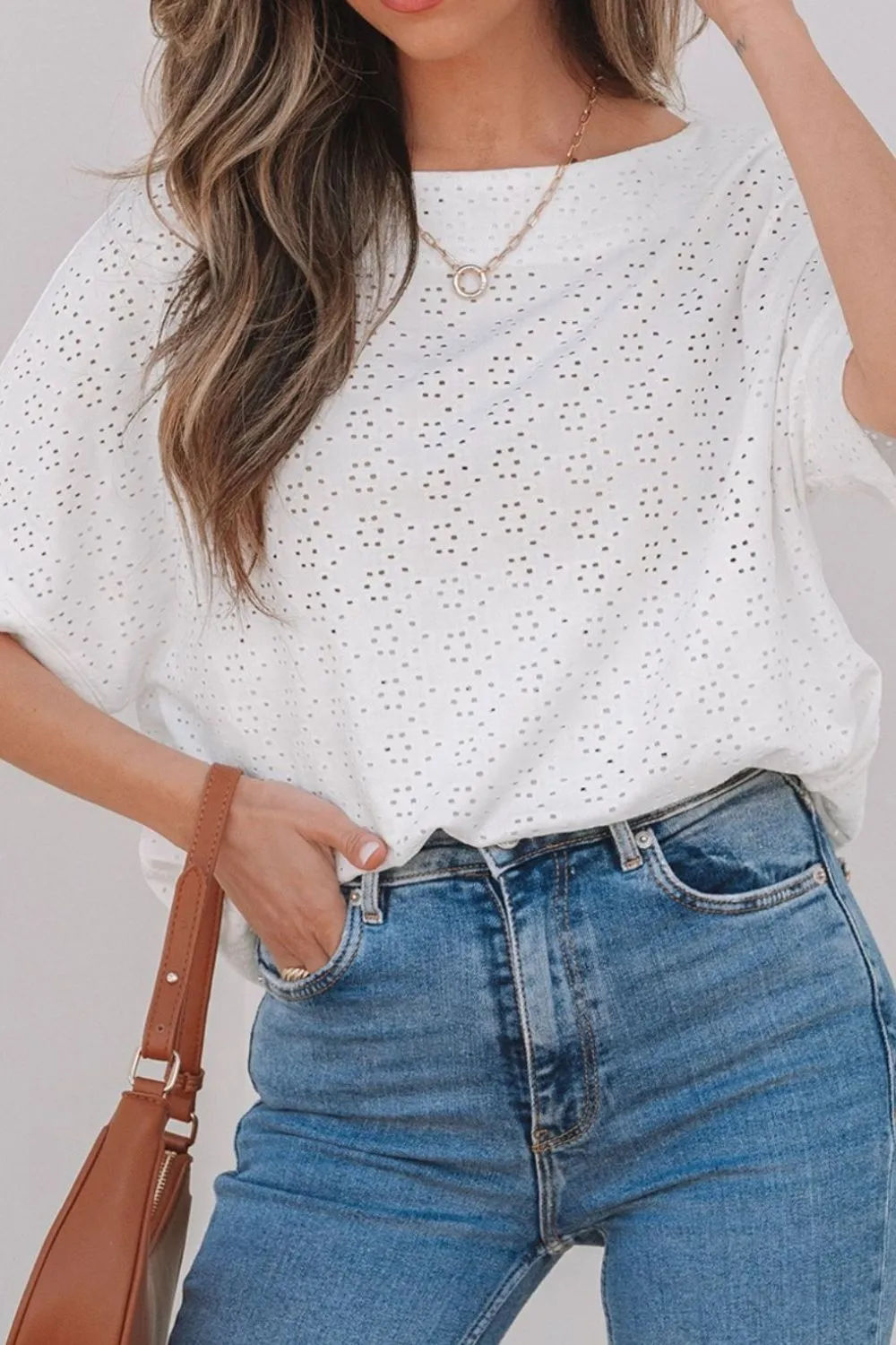 Eyelet Pattern Boat Neck Casual Tee, image 10