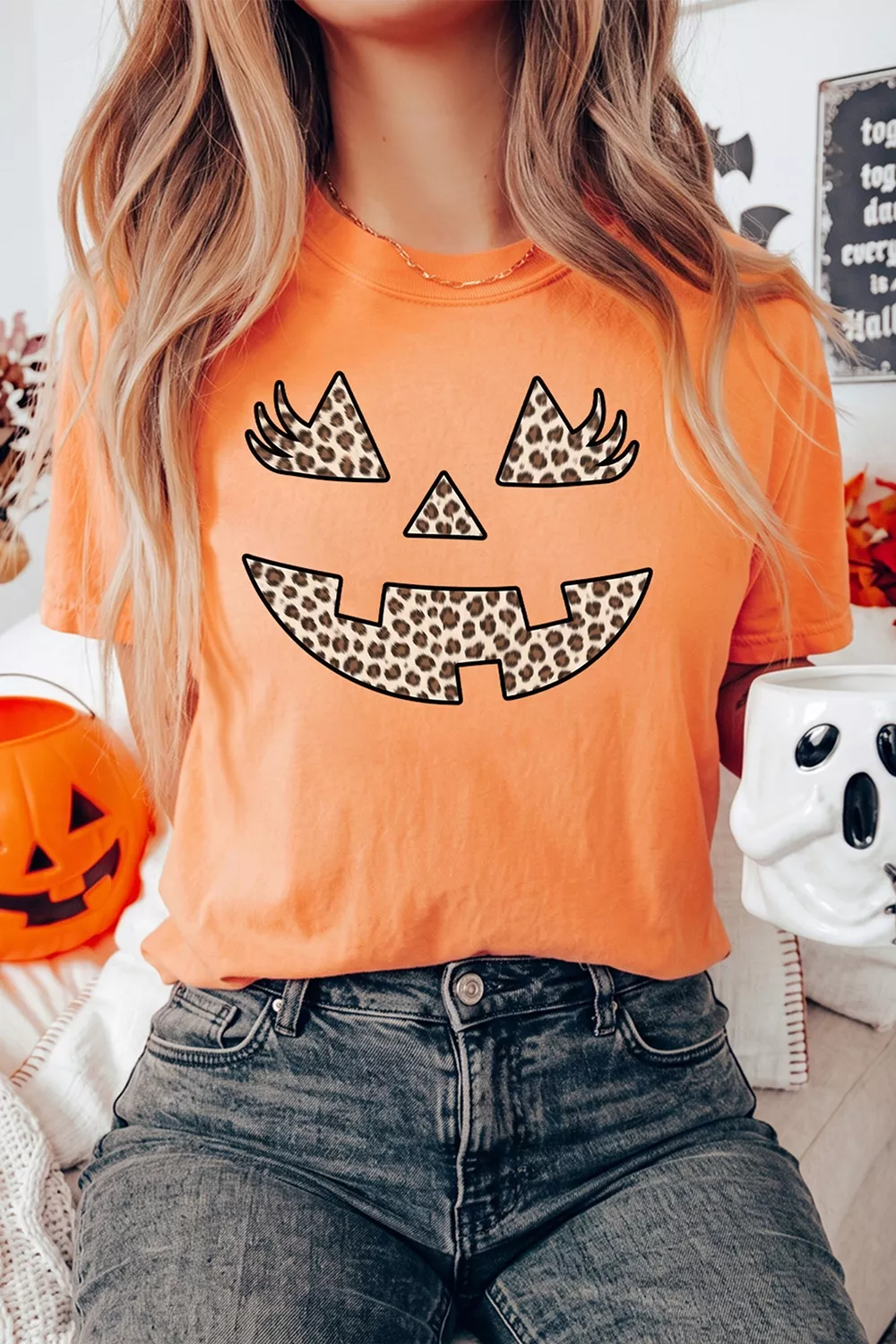 Halloween Pumpkin Face Leopard Graphic T-Shirt, image 6