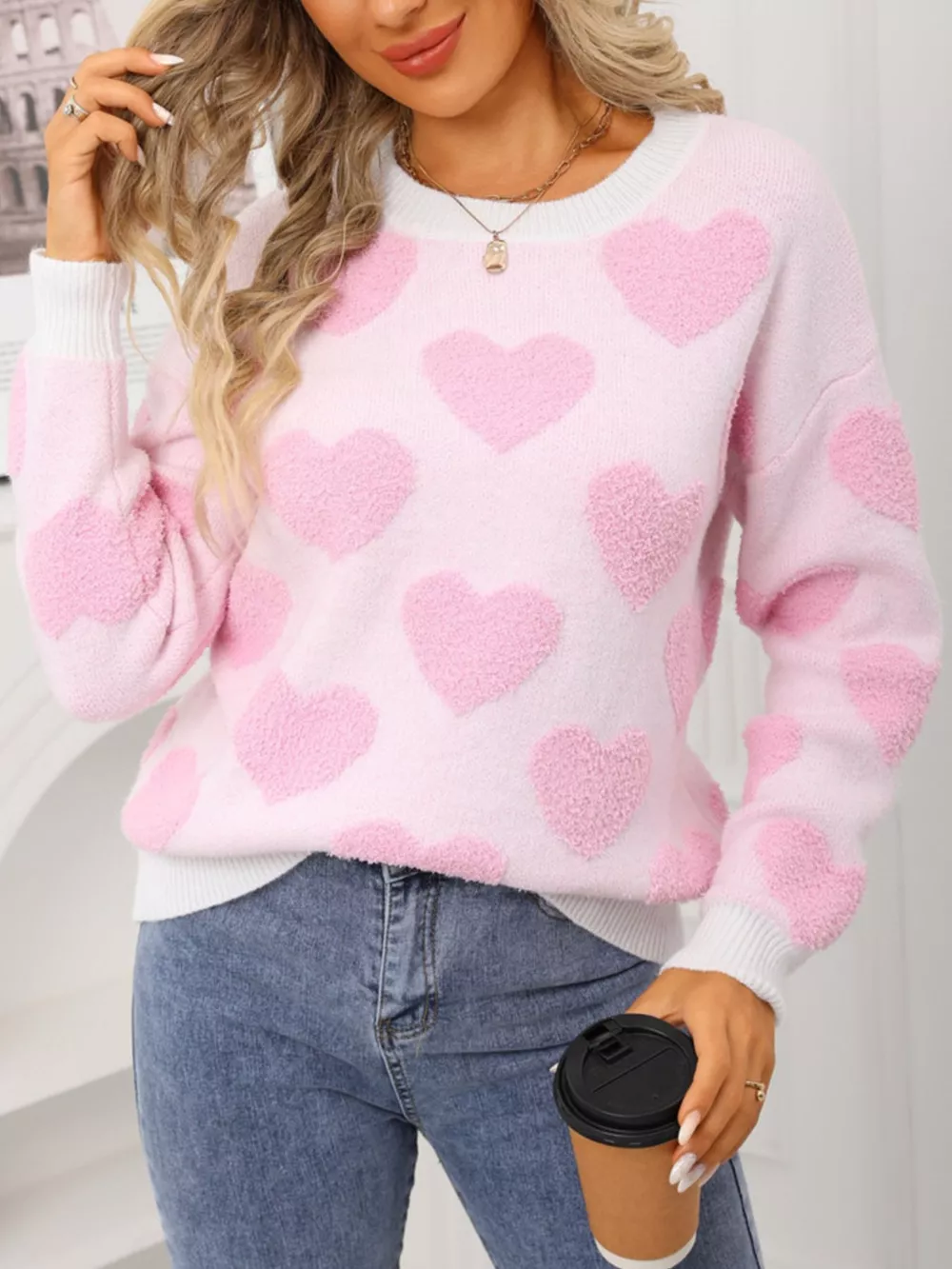 Valentine's Day Heart Pattern Round Neck Sweater, image 2