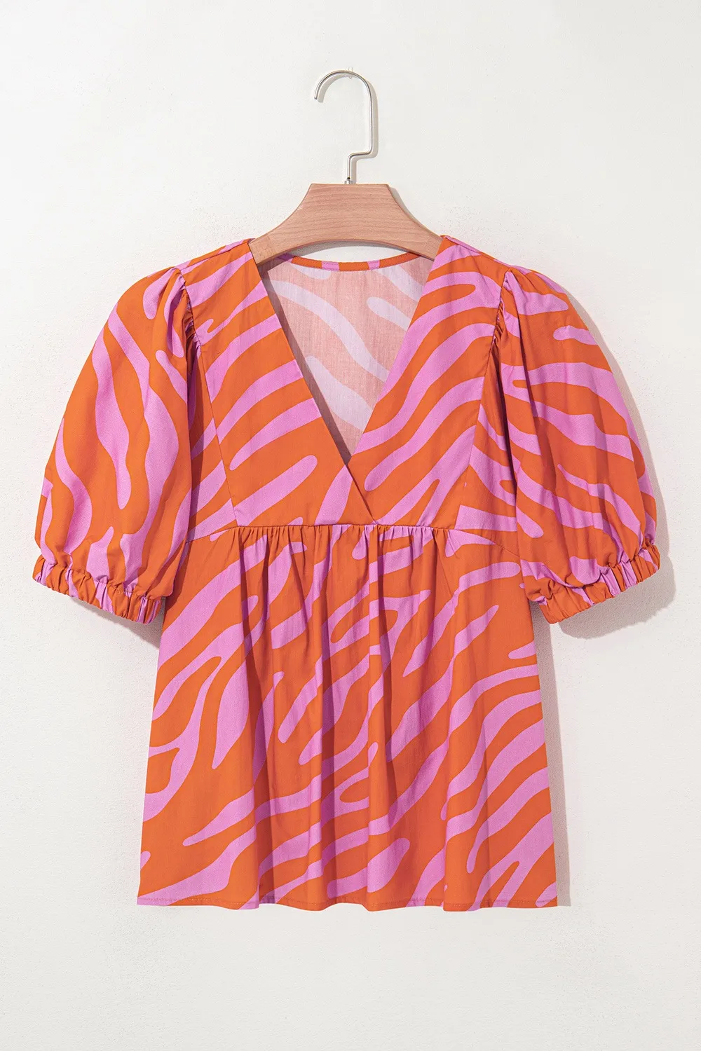 Zebra Stripe Print Ruched Cuff Half Sleeve V Neck Blouse, image 9