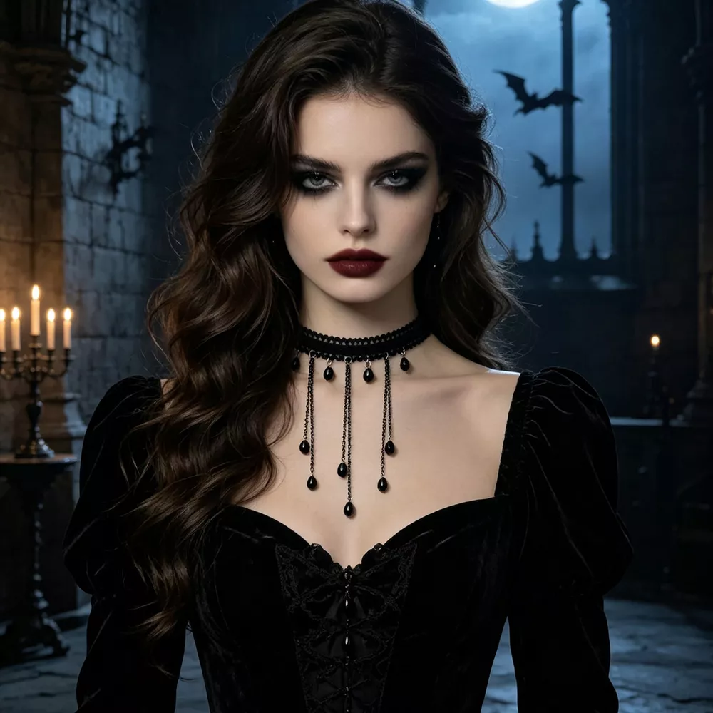 Gothic Lace Choker Necklace with Teardrop Dangle Charms, image 5