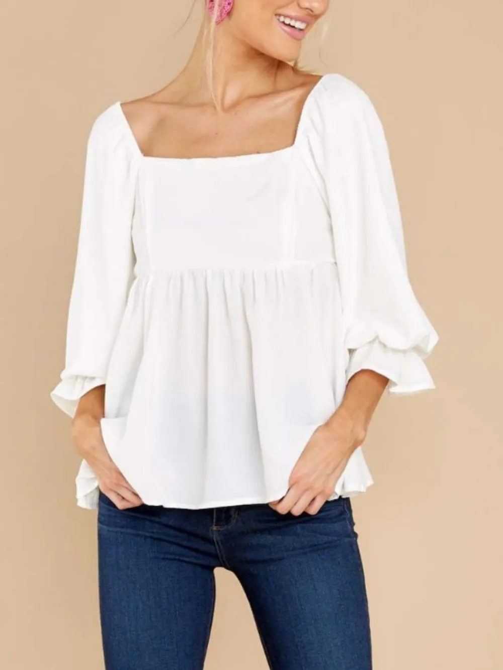 Smocked Square Neck Flounce Sleeve Blouse, image 8