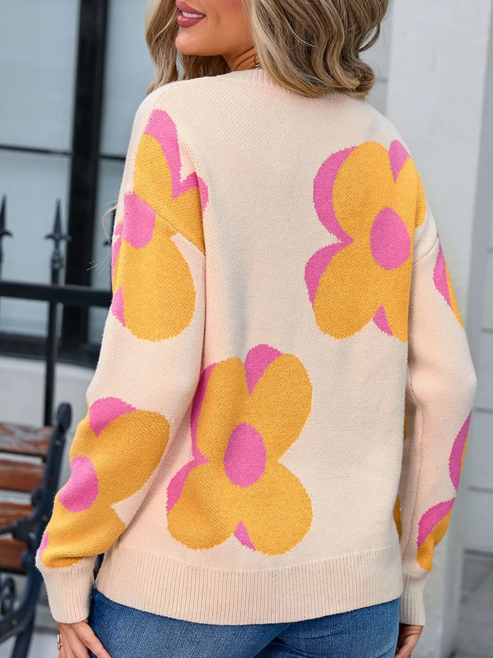 Flower Round Neck Long Sleeve Sweater, image 10