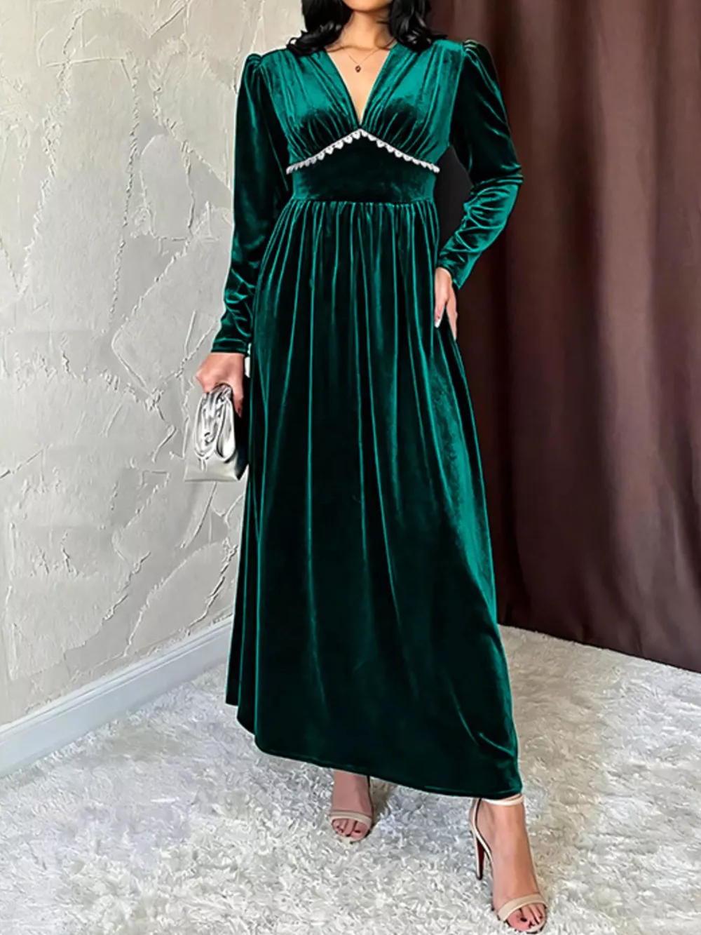 Velvet V-Neck Long Sleeve Maxi Dress, image 5