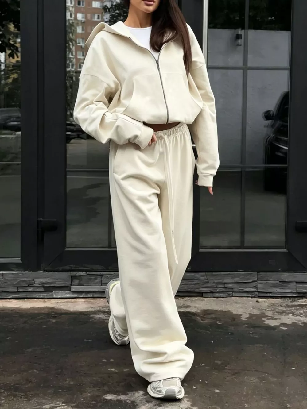 Casual Zip-Up Hoodie and Wide-Leg Sweatpants Set, image 3